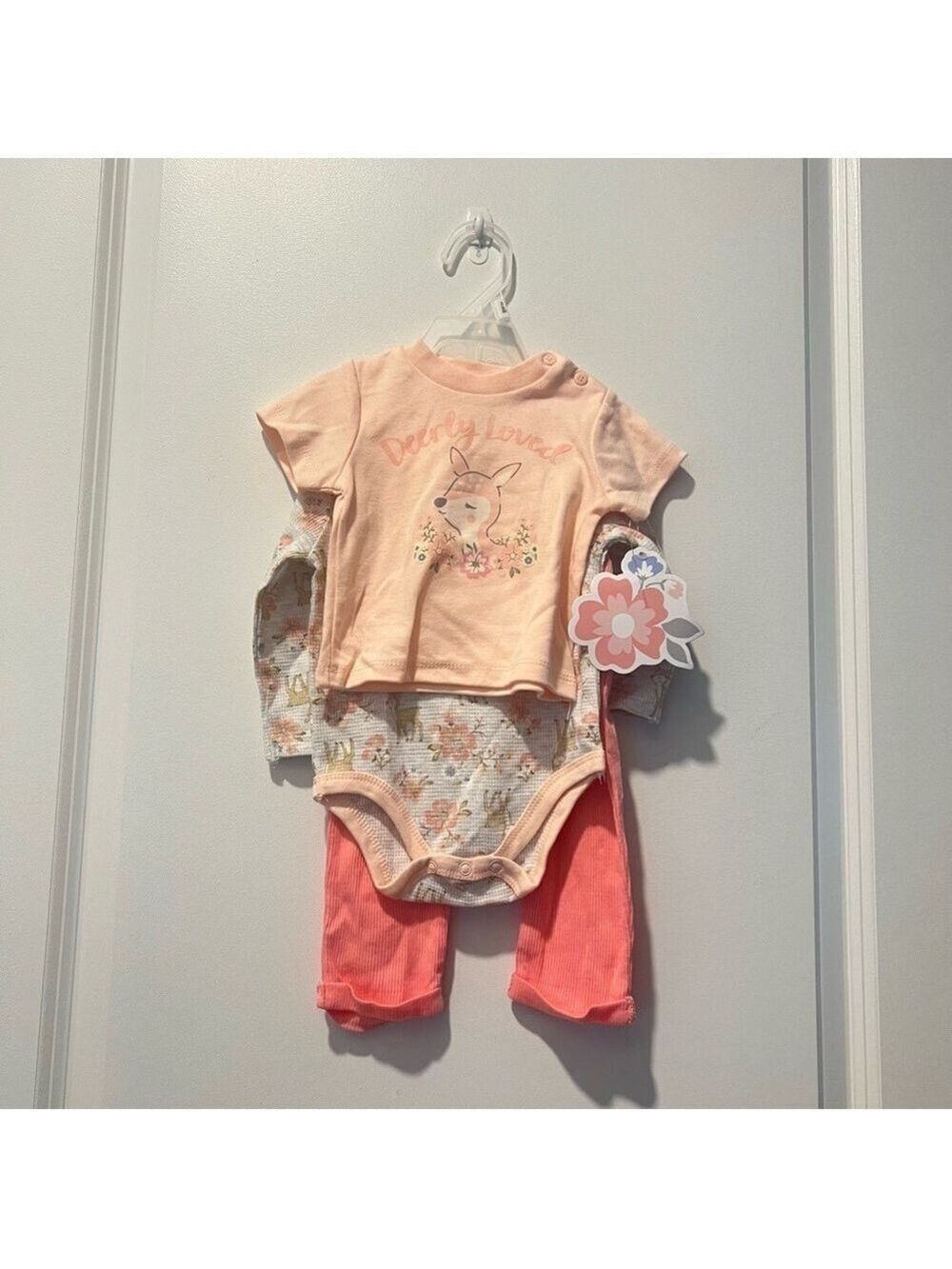 NWT Deerly Loved 3 piece pink, peach and grey matching set 3-6 months